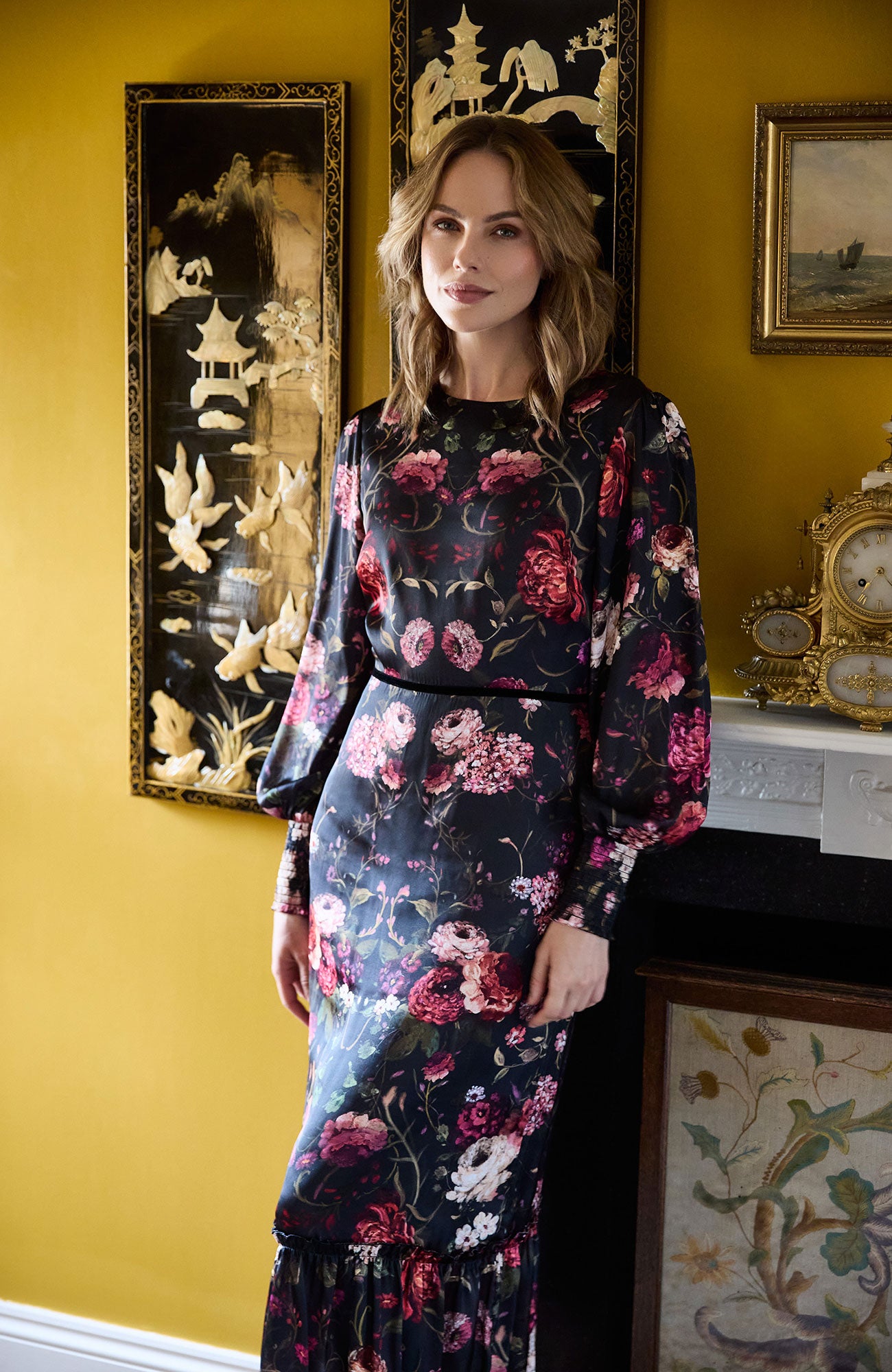 hope and ivy long sleeve dress Hope & Ivy Plus Embellished High Neck Midi Dress With Blouson Sleeves in Blue