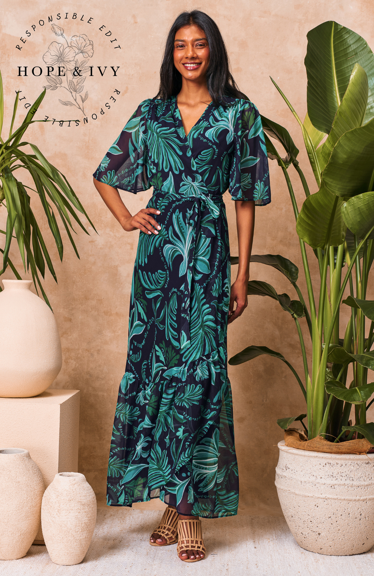 Hope & Ivy The Magda Flutter Sleeve Wrap Dress, Navy/Multi Hope & Ivy The Magda Flutter Sleeve Wrap Dress, Navy/Multi