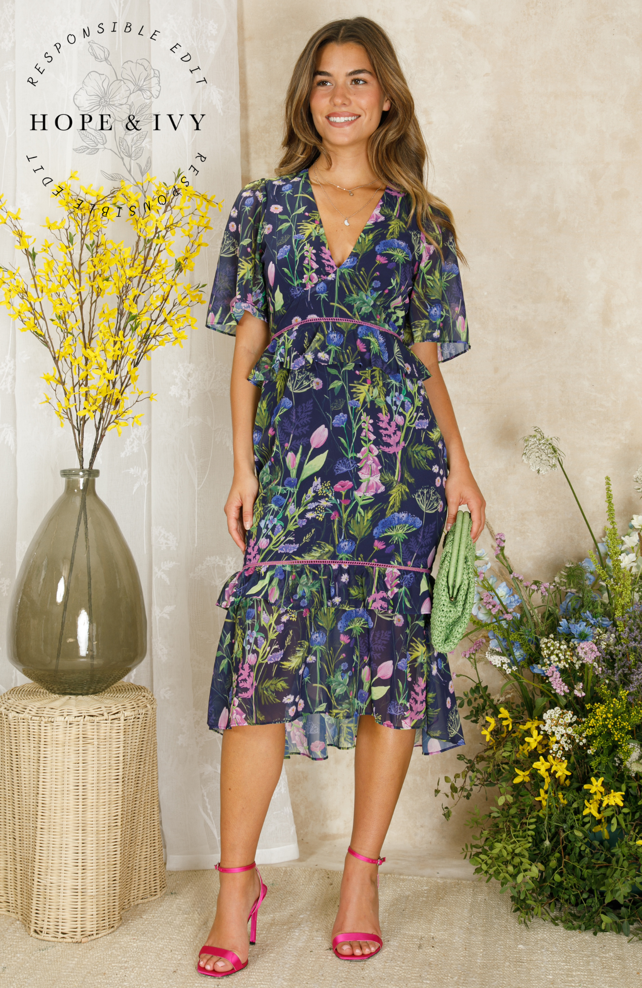 hope and ivy blue floral dress Hope & Ivy v neck button front long sleeved maxi dress in blue floral
