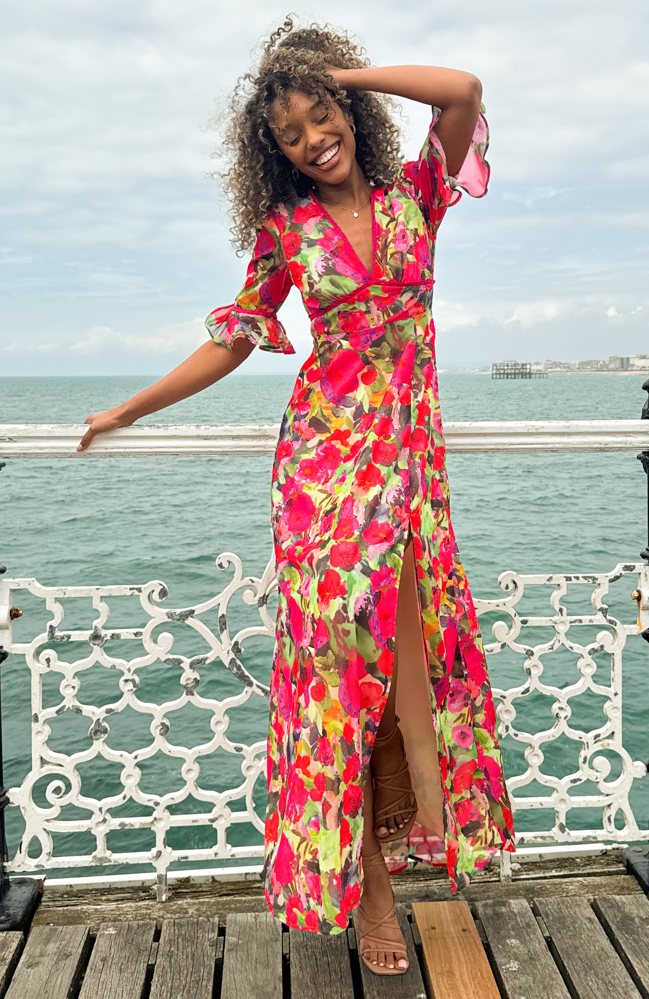 Red floral maxi dress with sleeves online