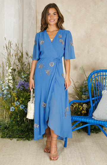 hope & ivy maxi dress Hope & Ivy Wrap Maxi Dress in Light Gray With Floral Embroidery Size 6