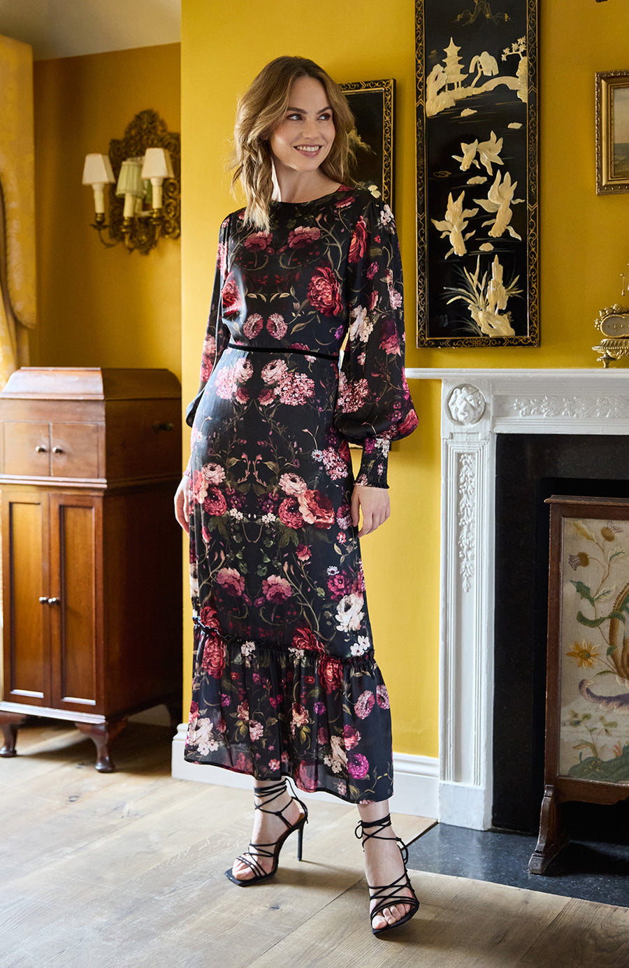 hope and ivy long sleeve dress Hope & Ivy Plus frill sleeves thigh slit maxi dress in river print