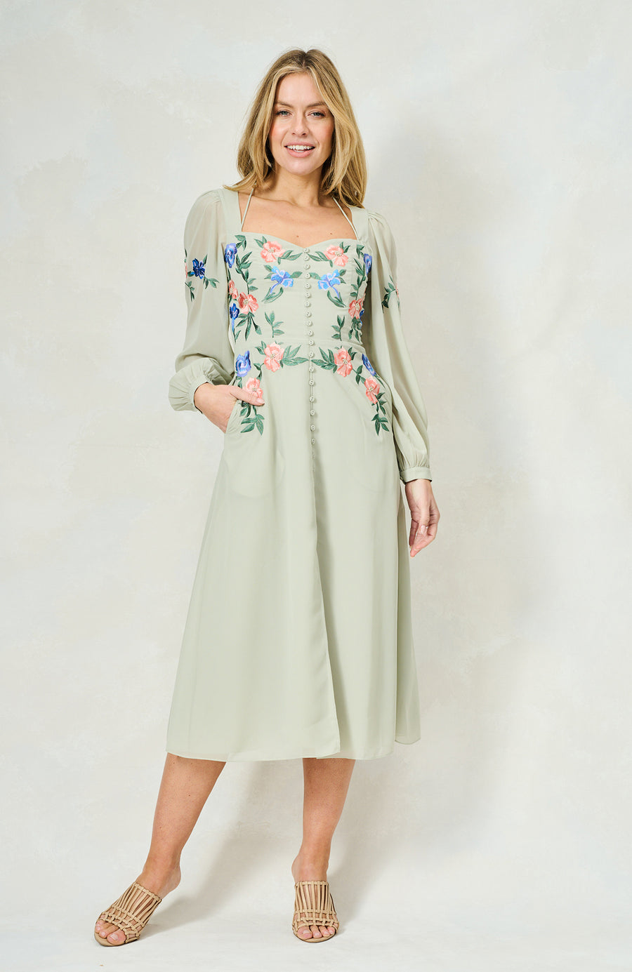 gemma embroidered tulle midi dress Helsi Gemma Square-Neck Floral Column Midi Dress