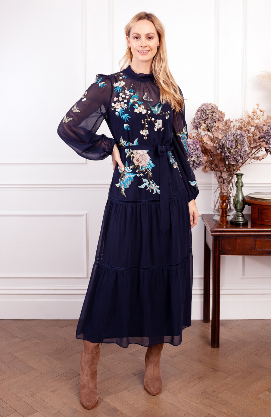 hope and ivy navy embroidered dress Hope & Ivy Plus embellished high neck midi dress with blouson sleeves in navy