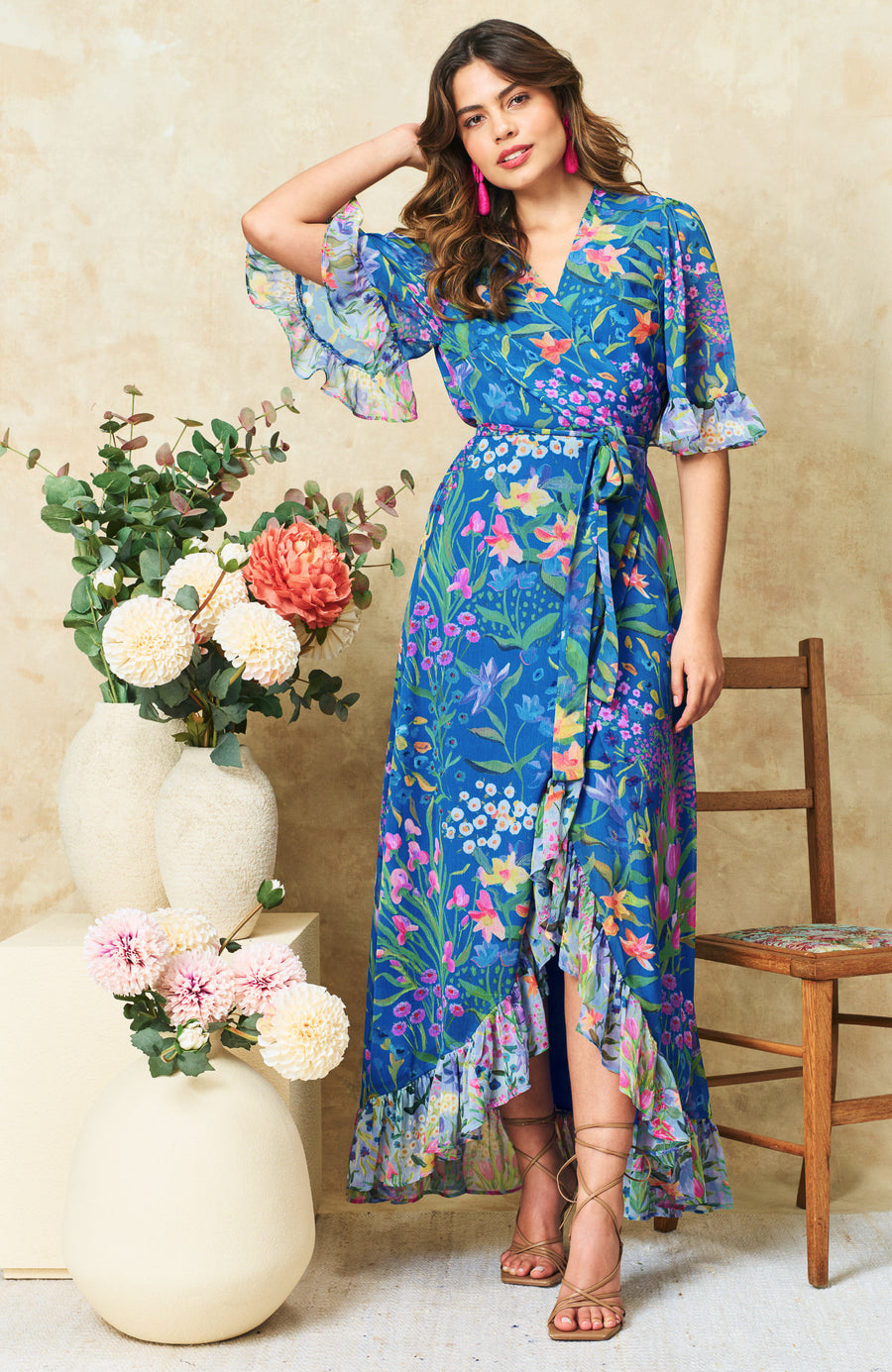 hope and ivy midi dress Hope & Ivy Cotton Button Front V Neck Midi Dress in Blue