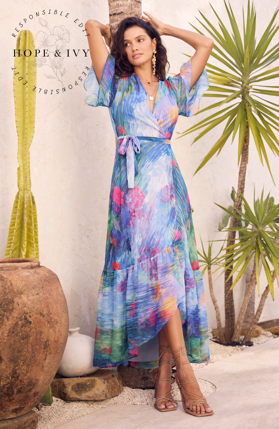 Hope & Ivy The Felicia Abstract Wrap Maxi Dress, Blue/Multi