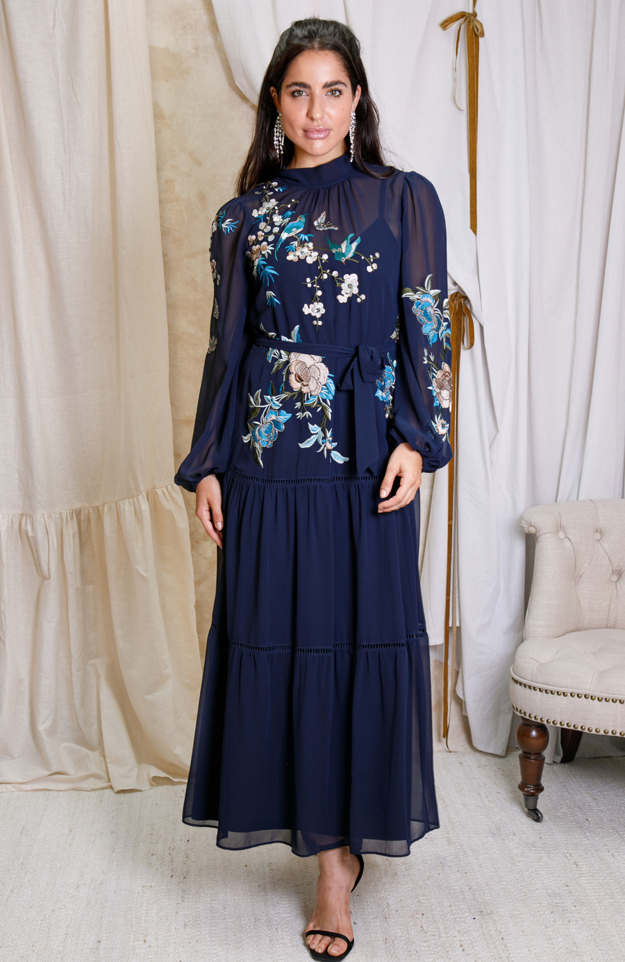 Hope & Ivy Reine Embroidered Blouson-Sleeve Midaxi Dress with Tie Waist, UK20 Hope & Ivy Reine Embroidered Blouson-Sleeve Midaxi Dress with Tie Waist, UK20