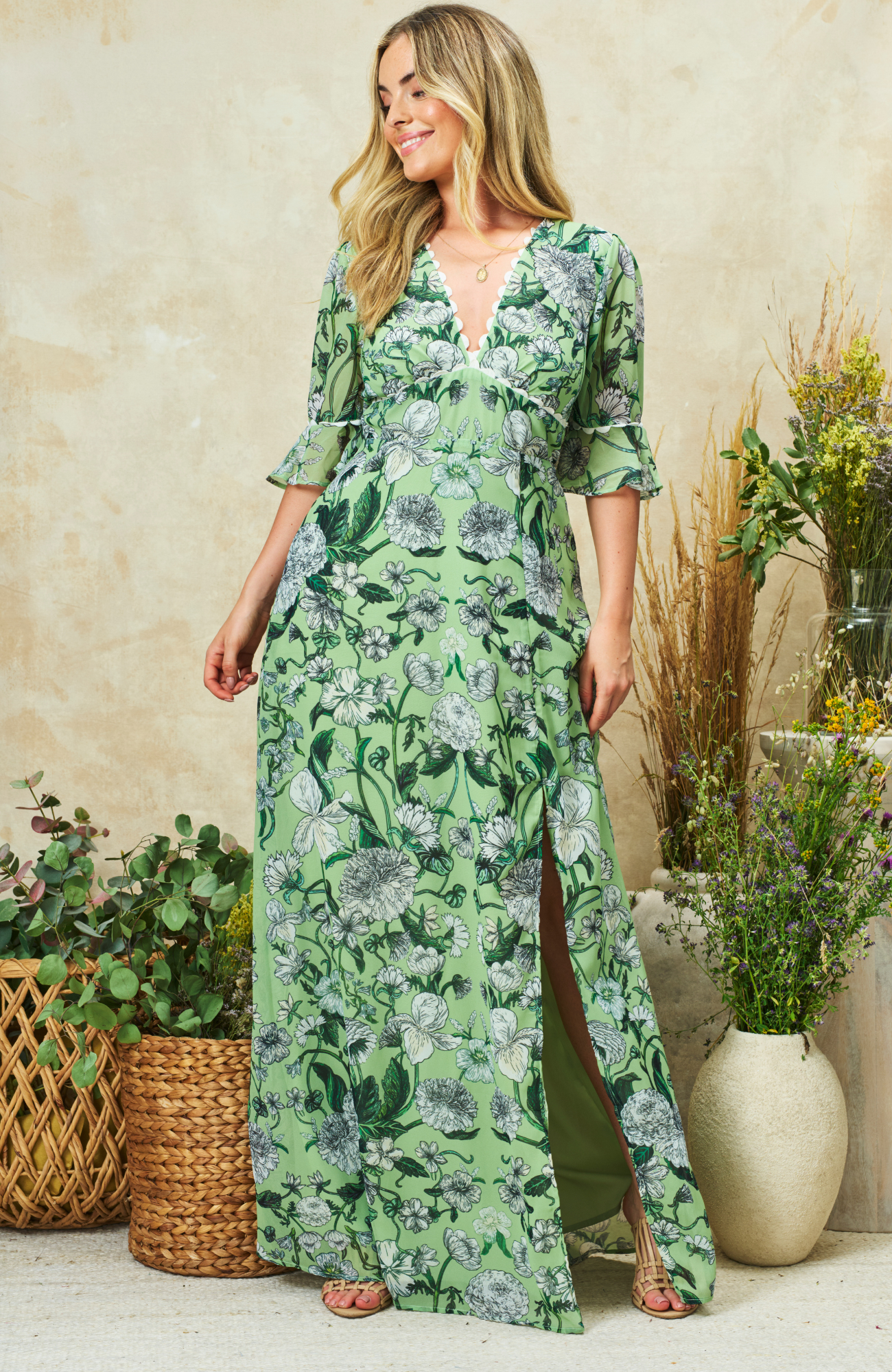 Hope & Ivy The Verde Floral Maxi Dress, Mint/Multi